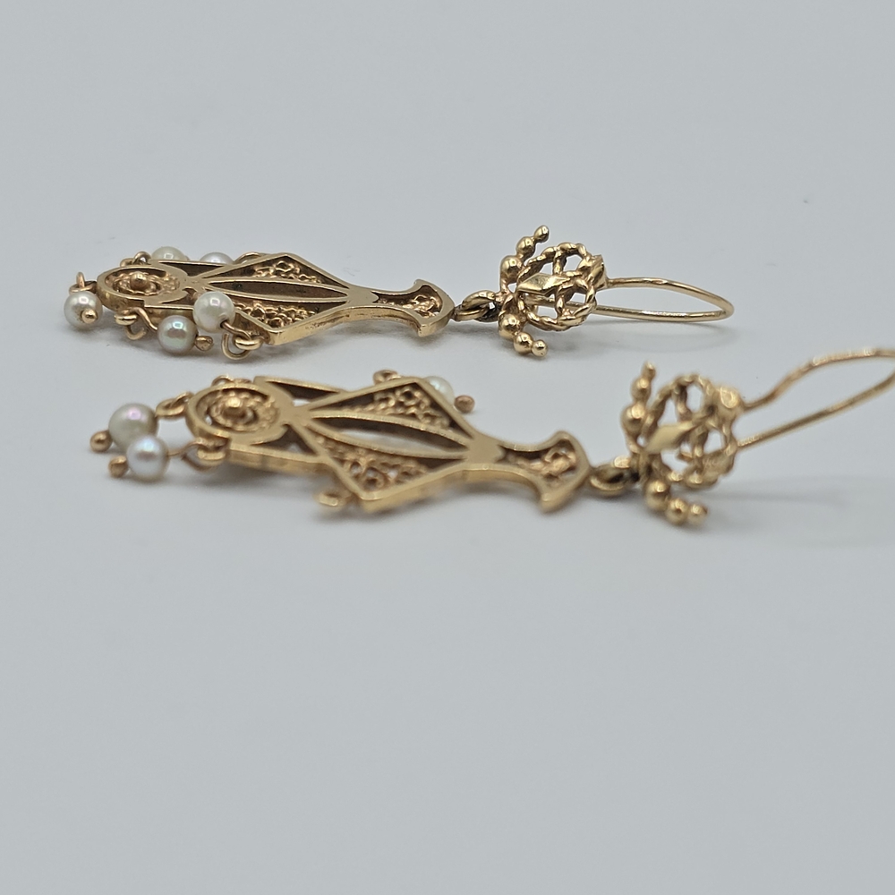 VTG 14K Yellow Gold Seed Pearl Drop Dangle Earrings LO Art Nouveau Revival MCM - Picture 11 of 14